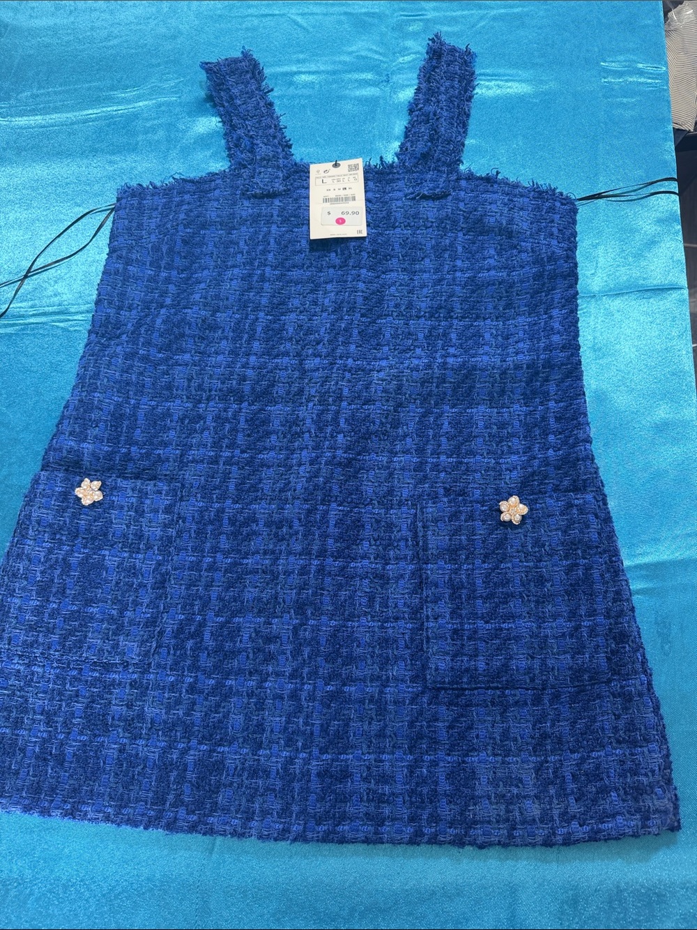 Zara Cobalt Blue Tweed Mini Dress with Floral Pocket Buttons